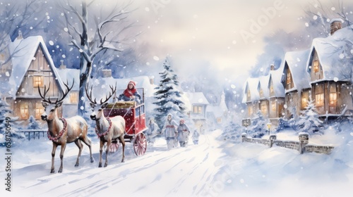 santa on a sledge with reindeer in the town. water color. generative ai