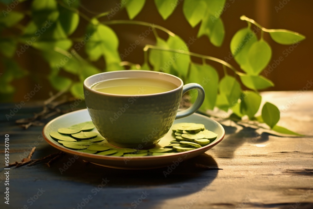 Cup of moringa herbal tea on the table with fresh leaves Cup of moringa herbal tea on the table with fresh leaves