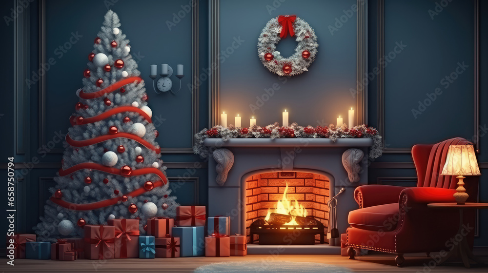 Christmas living room with fireplace and Christmas tree.