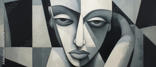 Black and white portrait. Surreal. female portrait with geometry shape,  Generative AI	
