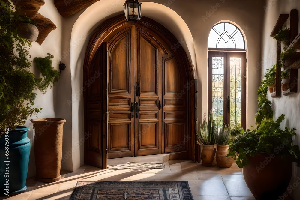 Tell a story about the fusion of Mediterranean aesthetics and farmhouse charm in an entrance hall with an arched door. How does this design capture the spirit of both worlds.