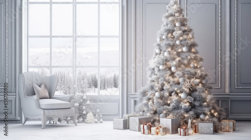 Christmas tree with gifts in classic interior. © Tida