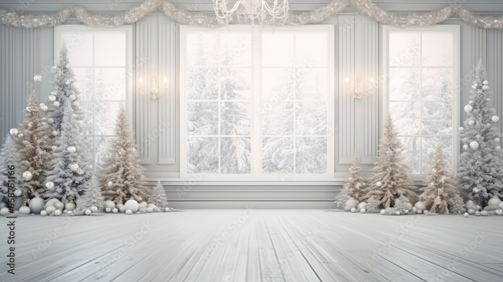 White room with christmas trees and snowflakes White room with christmas trees and snowflakes