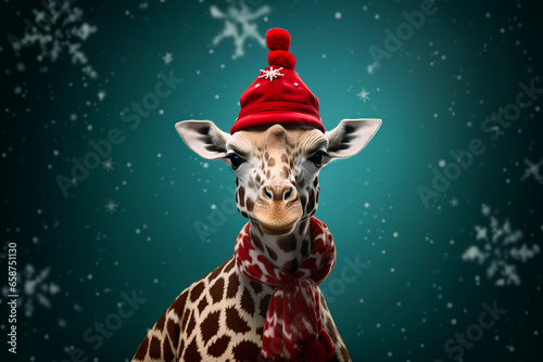 Portrait of cute giraffe head in Santa hat with copy-space. Close-up of funny animal in red Christmas hat. Happy New Year and Merry Christmas banner.