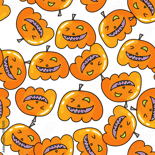 Seamless pattern with Halloween pumpkins. Jack orange lantern drawn with carved faces in doodle 