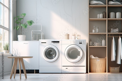 Contemporary laundry room with stylish design and modern home cleaning appliances to improve hygiene at home.