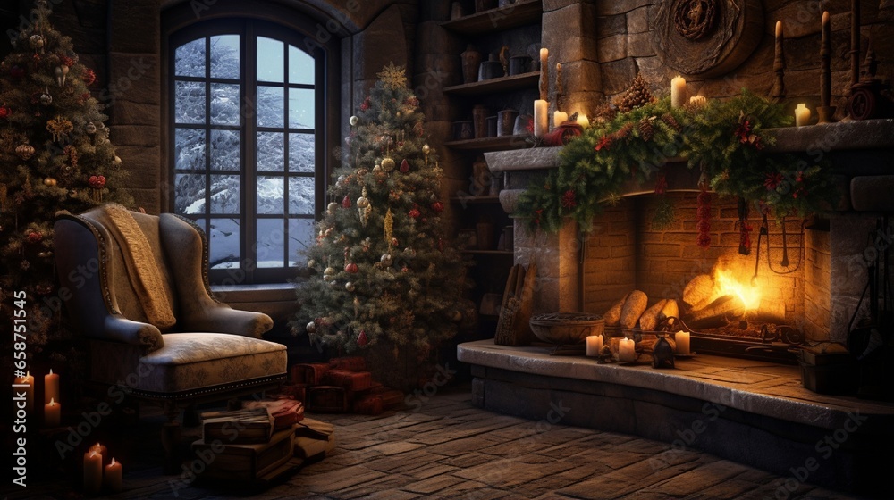 An enchanting Christmas scene featuring a rustic fireplace, cozy armchairs, and a softly lit tree - obrazy, fototapety, plakaty 