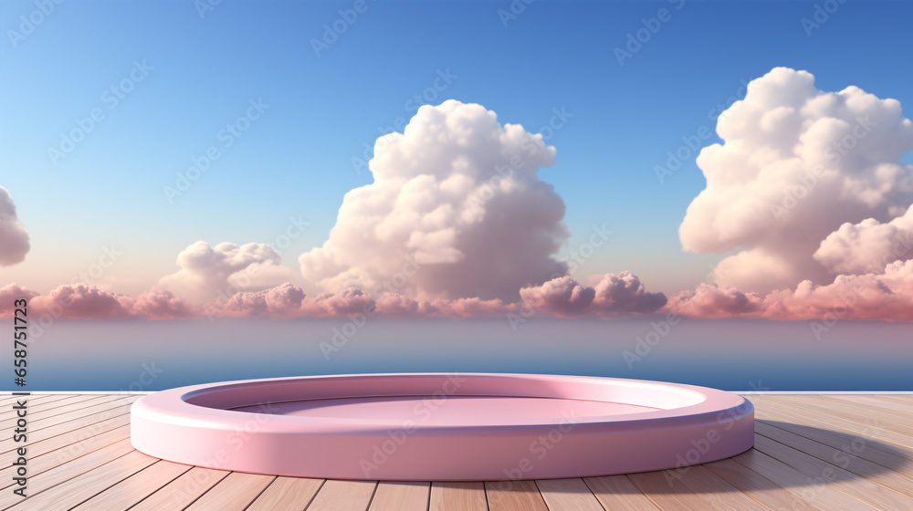 Minimalistic 3D product display backdrop with soft, pastel blue clouds..