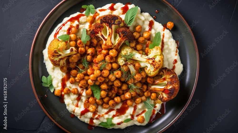 A deliciously roasted cauliflower dish with mashed potatoes and spiced harissa chickpeas is seen from above against a backdrop of greenery.