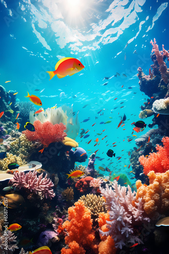 Underwater Symphony: Pristine Coral Reef Teeming with Marine Life