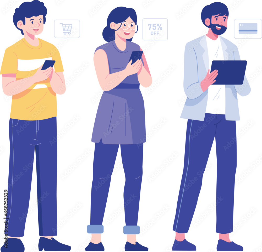 Young men and women using gadgets. People communicate and making selfie in your phone. Social networking and online communication concept. Set of cartoon character. Flat vector illustration Young men and women using gadgets. People communicate and making selfie in your phone. Social networking and online communication concept. Set of cartoon character. Flat vector illustration