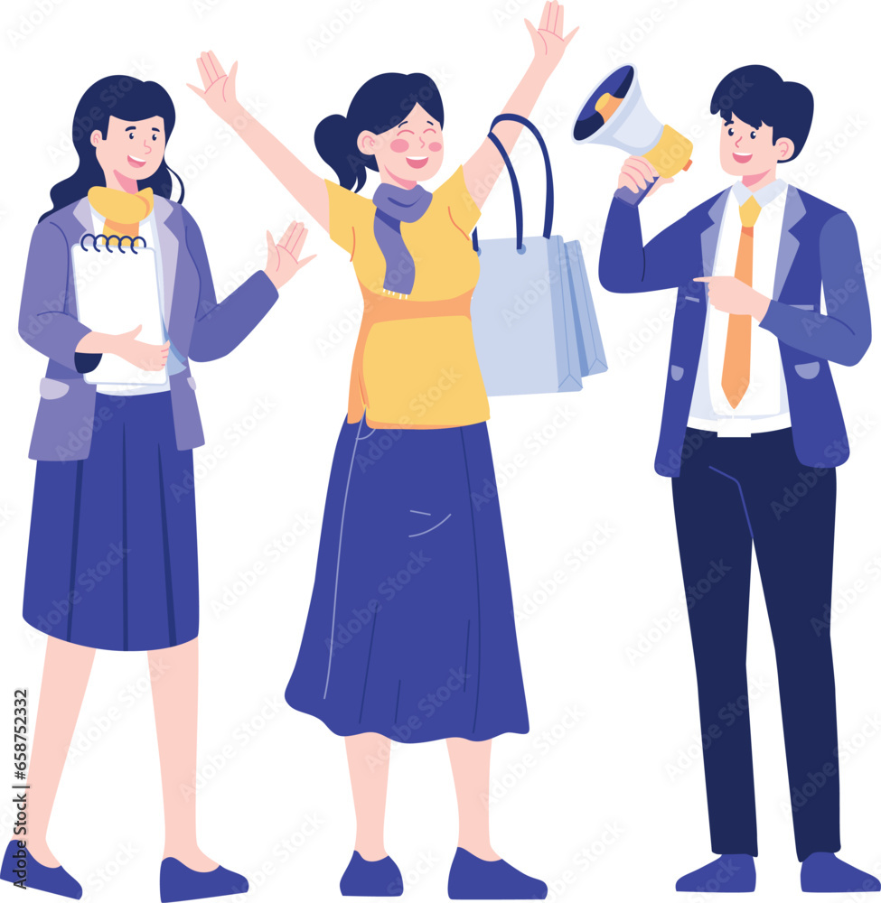 Happy business people with shopping bags and megaphone. Social networking and online communication concept. Vector illustration Happy business people with shopping bags and megaphone. Social networking and online communication concept. Vector illustration
