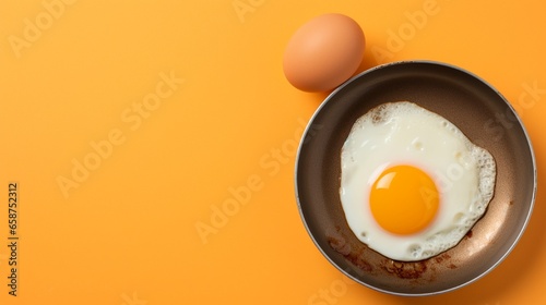 Top view of a fried egg on a blue frying pan next to uncooked whole eggs and eggshells in darkness, isolated on an orange background.