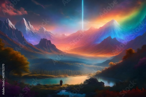 The realm of dreams unfolds before your eyes  with a sky painted in the hues of the 7 lines of the photon - AI Generative
