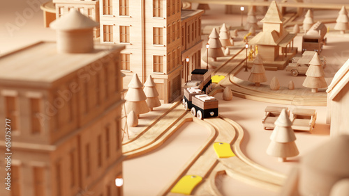 Fototapeta Naklejka Na Ścianę i Meble -  Wooden miniature toy train set with warm lighting and plain background. Wooden miniature city town with cozy vibes. 3d rendering