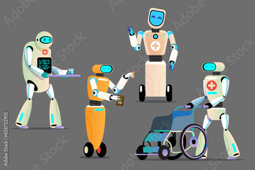 Robots take care of general patients. Technology in caring for patients and the disabled. Robot with prosthetic arm and wheelchair. Vector illustration