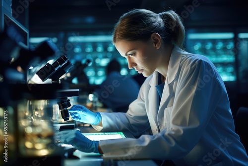 Female scientist working with microscope in laboratory. Science and technology concept.