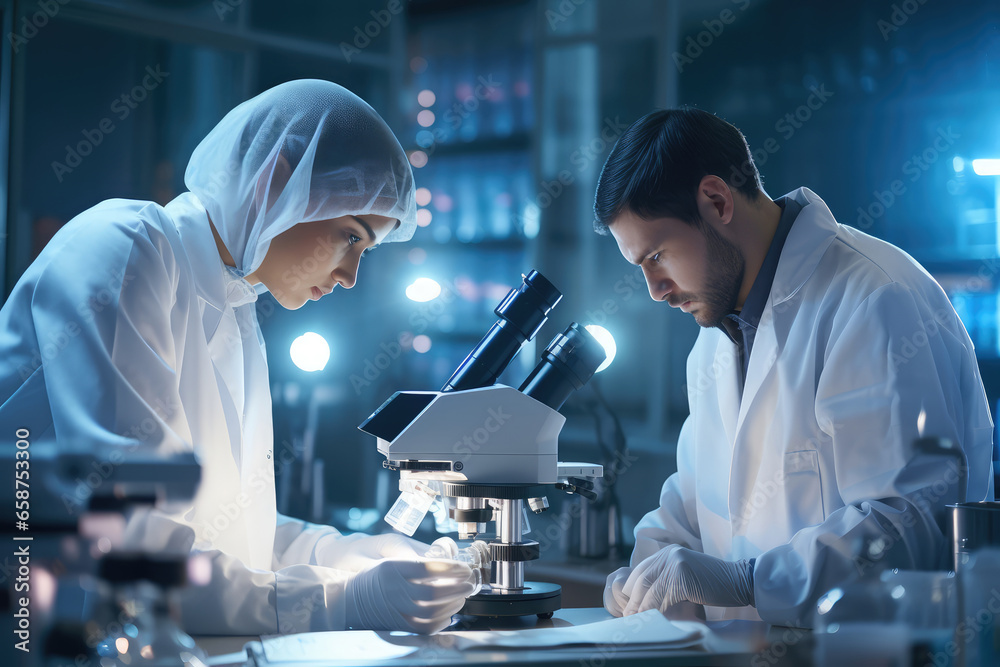 Two scientists working with microscope in laboratory. Science and technology concept. Two scientists working with microscope in laboratory. Science and technology concept.