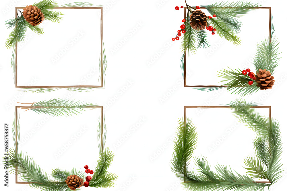 Christmas fir branches frame set offers festive borders ideal for holiday cards and decor. Authentic fir designs give a natural, wintry touch. Perfect for the festive season!