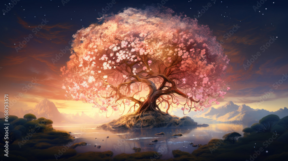 Yggdrasil With Colorful Boho Flowers A Tree Of Life Of Norse Mythology World Tree With Feminine Touch. Fairytale Landscape And Background. Generative AI