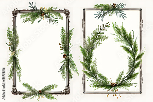 Christmas fir branches frame set offers festive borders ideal for holiday cards and decor. Authentic fir designs give a natural, wintry touch. Perfect for the festive season!