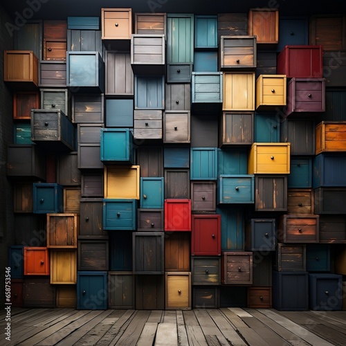 A large wall being made of wood boxes with different colors photo