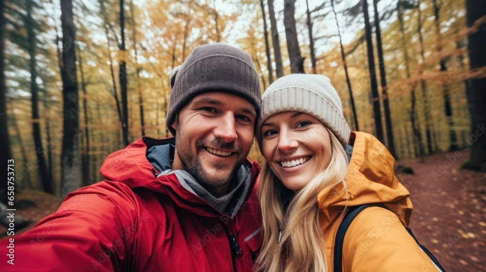 smiling italian couple taking a selfie in a forest in autumn smiling italian couple taking a selfie in a forest in autumn