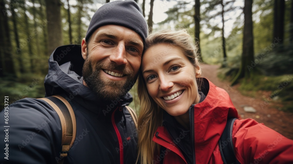 attractive german couple taking a selfie in a forest in autumn