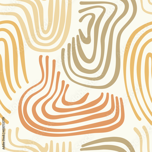 Seamless pattern with wavy lines, doodles, loops, abstract beige and white background. For textiles, cover.Vector illustration.