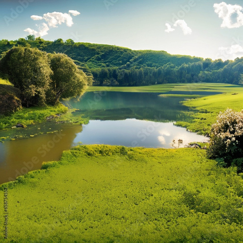 green landscape with small lake with Generative AI 