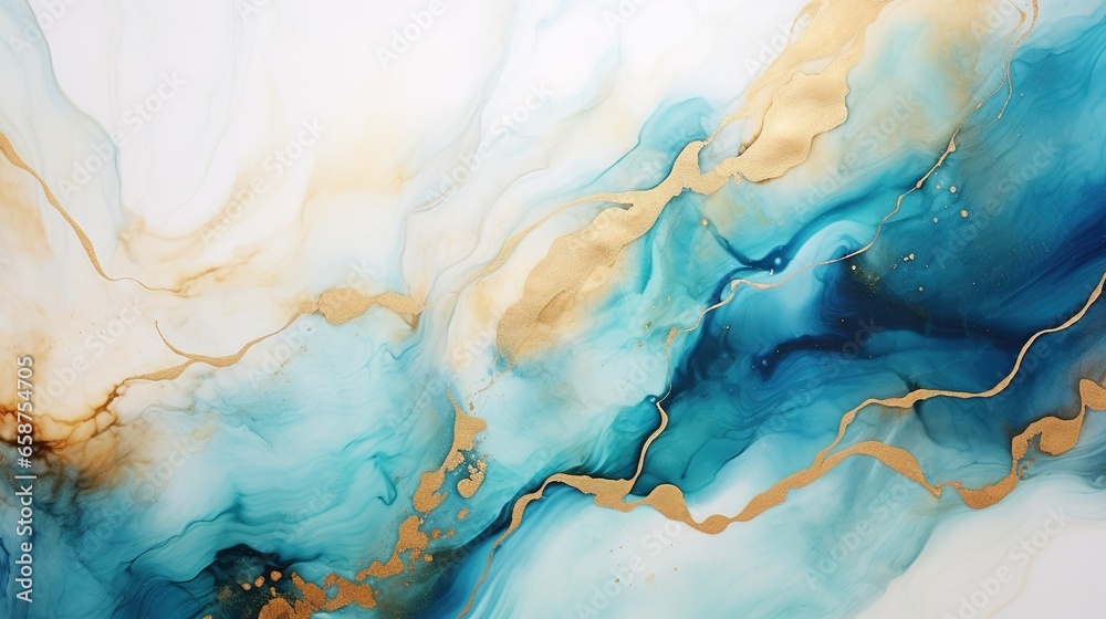 Blue blue liquid abstract background with gold flecks. Alcohol ink painting effect on turquoise marble