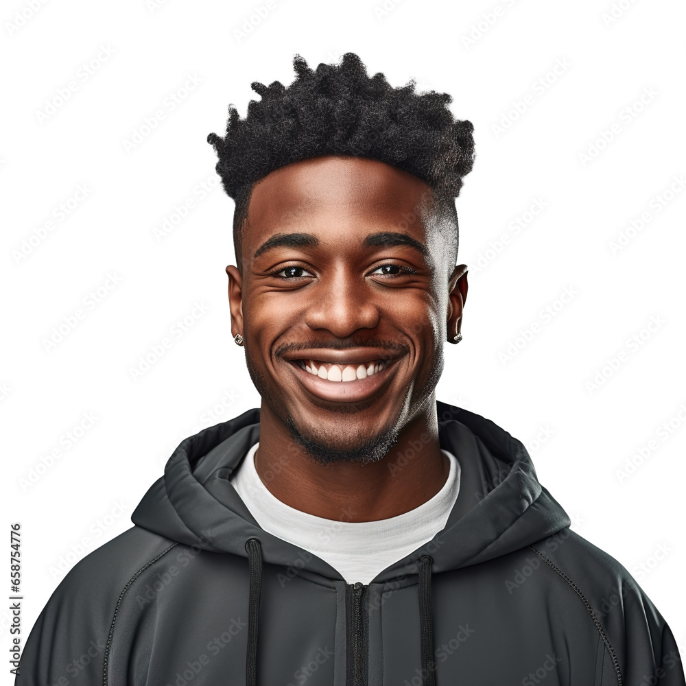 Fototapeta premium Close-Up of a Smiling Black Male University Student, Isolated on a Transparent Background, Celebrating Academic Success and Confidence 
