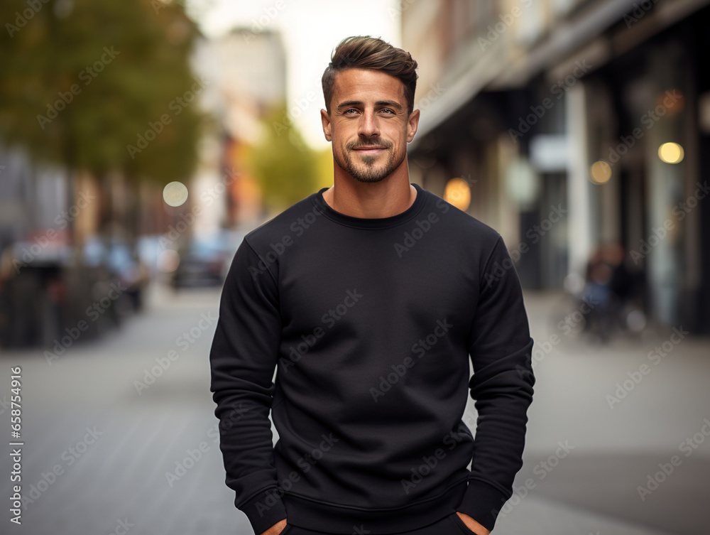 Handsome man in black blank sweatshirt on city street background Mockup for printing and branding Handsome man in black blank sweatshirt on city street background Mockup for printing and branding