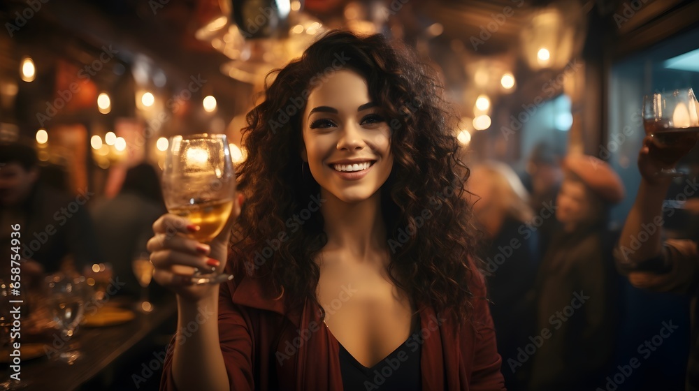 Cheerful Woman Enjoying a Happy Hour Cocktail at a Bar. Smiling woman enjoys cocktail in lively bar atmosphere.