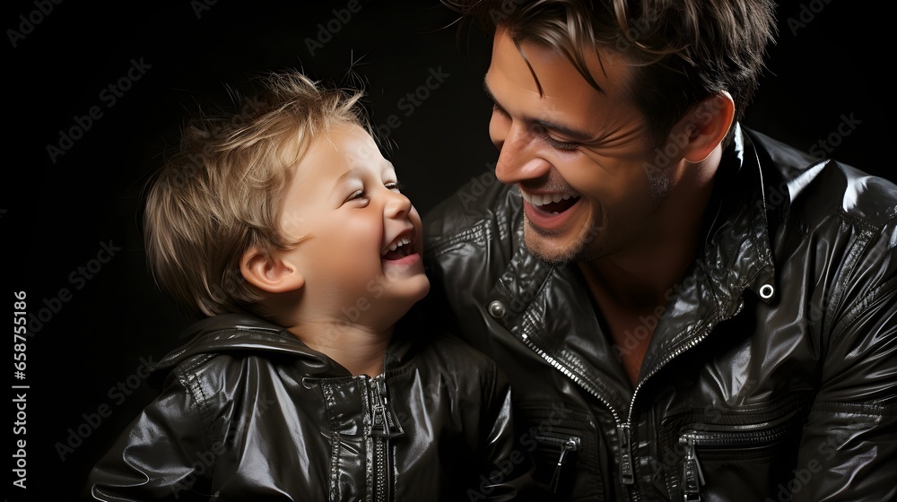 Smiling Couple Embracing in Leather Jacket Indoors. A smiling couple in leather jackets bonding indoors happily.