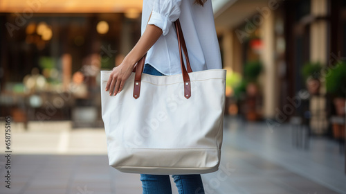 Empty reusable canvas tote bag mockup. Natural canvas eco-friendly shopper bag on girl's shoulder. Mockup for presentation of design or brand photo