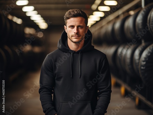 Portrait of a young man wearing a black blank hoodie with a kangaroo pocket against a blurred garage background. Mockup for your texts or designs