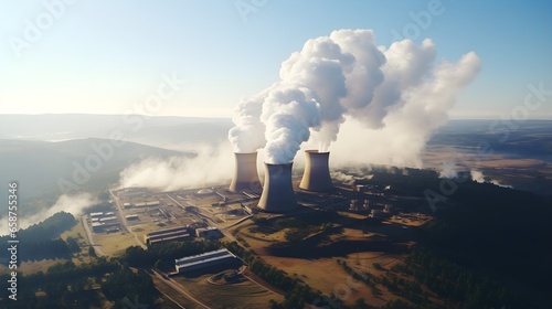 Industrial Landscape: Power Plant Emitting Smoke in Scenic Mountain Environment. Factory emitting smoke in the scenic mountain landscape.