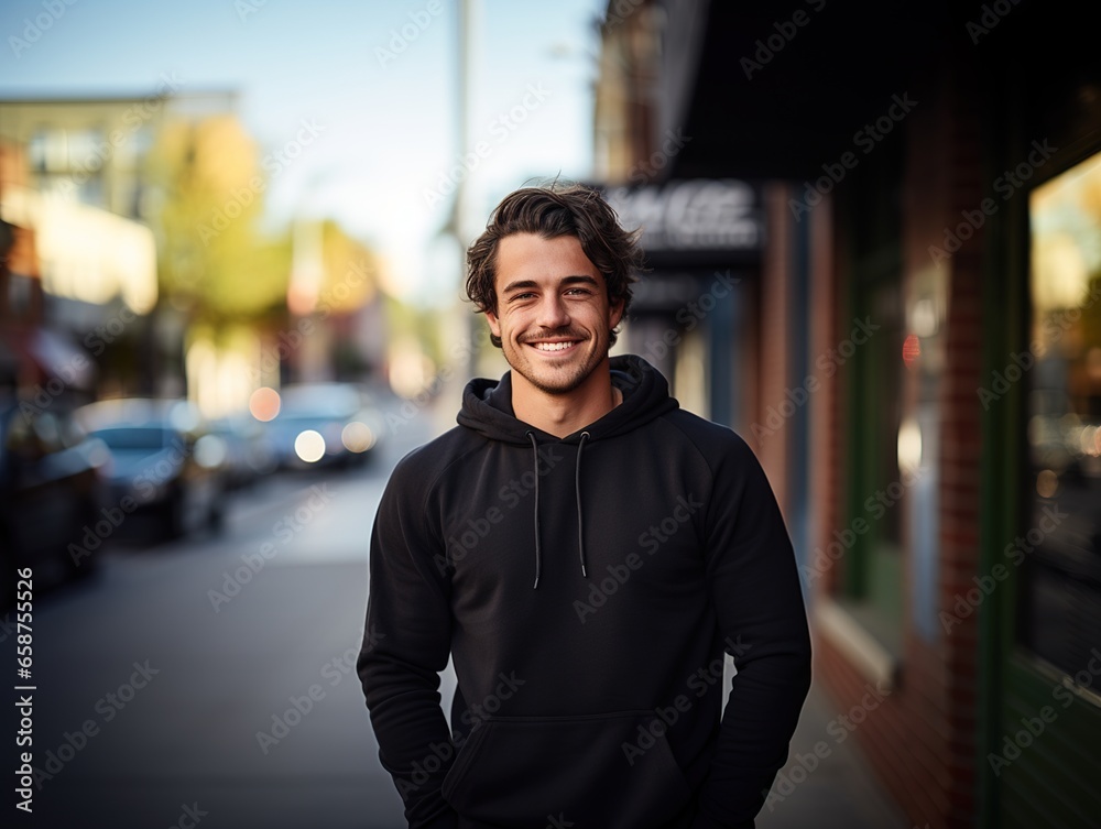 Fototapeta premium Attractive sporty man dressed in a blank black hoodie with hood and kangaroo pocket against the background of the city street. Mockup template for branding or printing