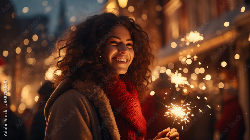 A young woman holds a burning sparkler in her hand against the backdrop of people celebrating Christmas and New Year on the street at night. Celebration in winter