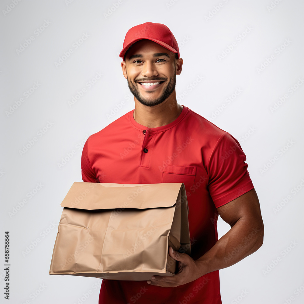Express food delivery from restaurants and cafes. Friendly latin american man dressed in red uniform, Courier over isolated background with paper bag Express food delivery from restaurants and cafes. Friendly latin american man dressed in red uniform, Courier over isolated background with paper bag