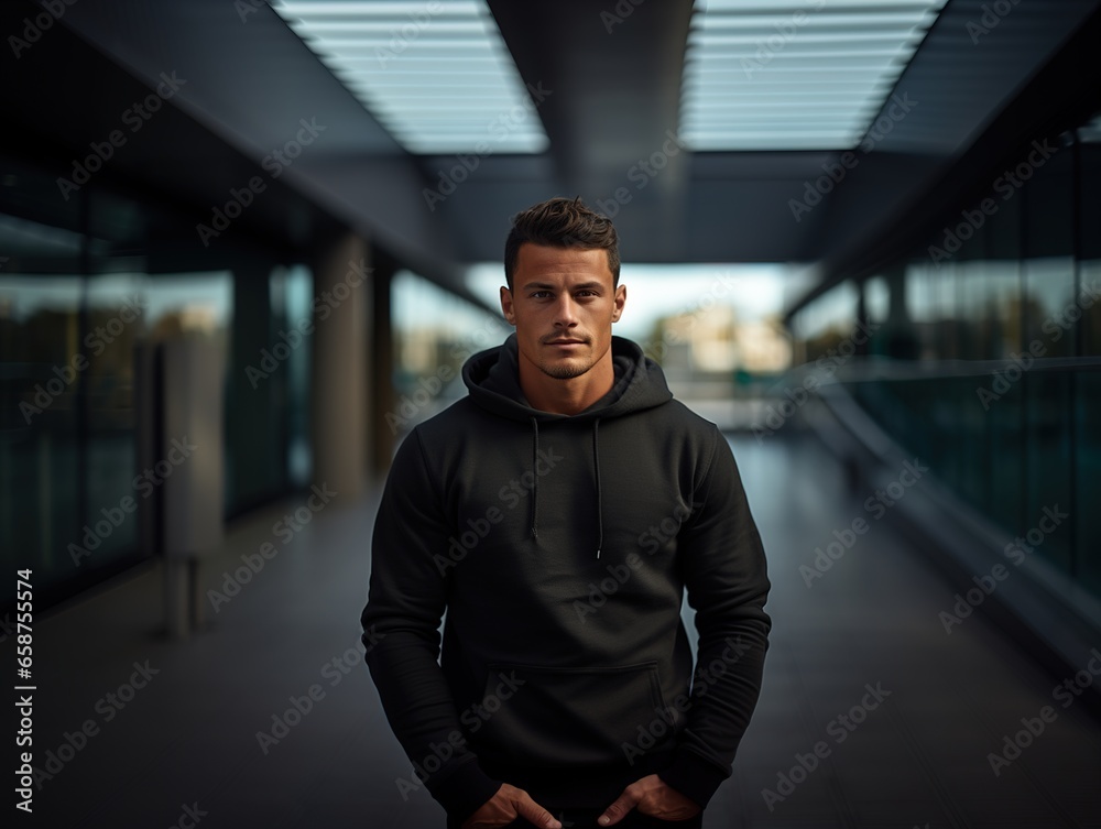 Attractive sporty man dressed in a blank black hoodie with hood and kangaroo pocket against the background of the city street. Mockup template for branding or printing