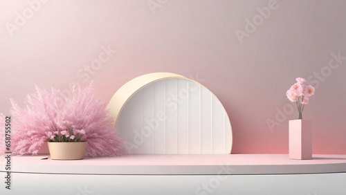 pink podium display with pastel color wall background. White texture wooden cylinder