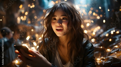 Cheerful Woman Smiling with Illuminated Smartphone in Evening. A cheerful adult woman smiling while holding a smartphone at night.
