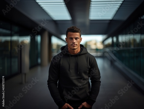 Attractive sporty man dressed in a blank black hoodie with hood and kangaroo pocket against the background of the city street. Mockup template for branding or printing