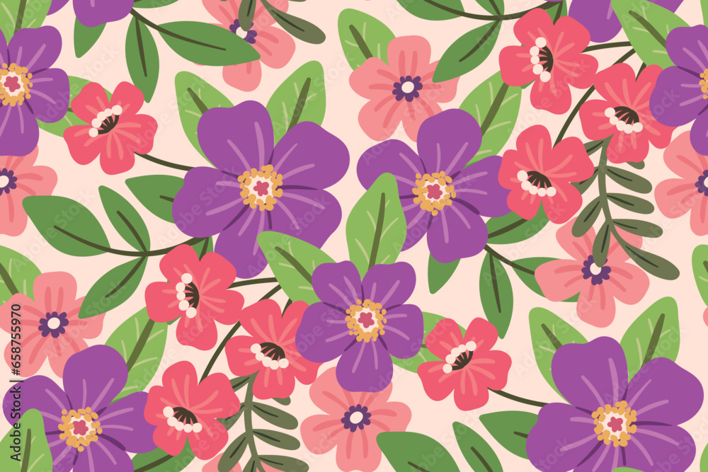 Seamless floral pattern, colorful ditsy print with summer drawing. Cute botanical design: large and small hand drawn flowers, leaves, lush foliage on a light background. Vector illustration.