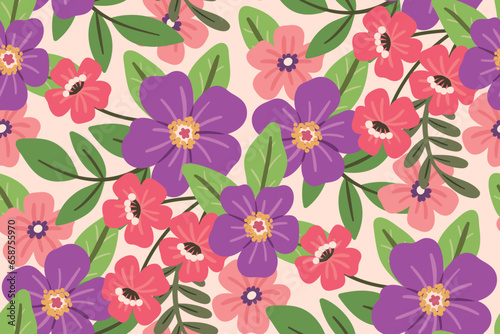 Seamless floral pattern, colorful ditsy print with summer drawing. Cute botanical design: large and small hand drawn flowers, leaves, lush foliage on a light background. Vector illustration.