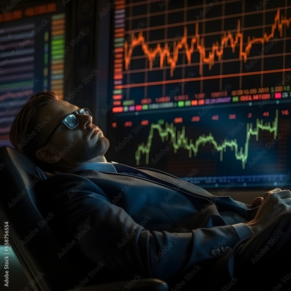 A turbulent market, a weary businessman or broker finds respite in an office chair, symbolizing the stress and exhaustion caused by the relentless fluctuations of the stock market.