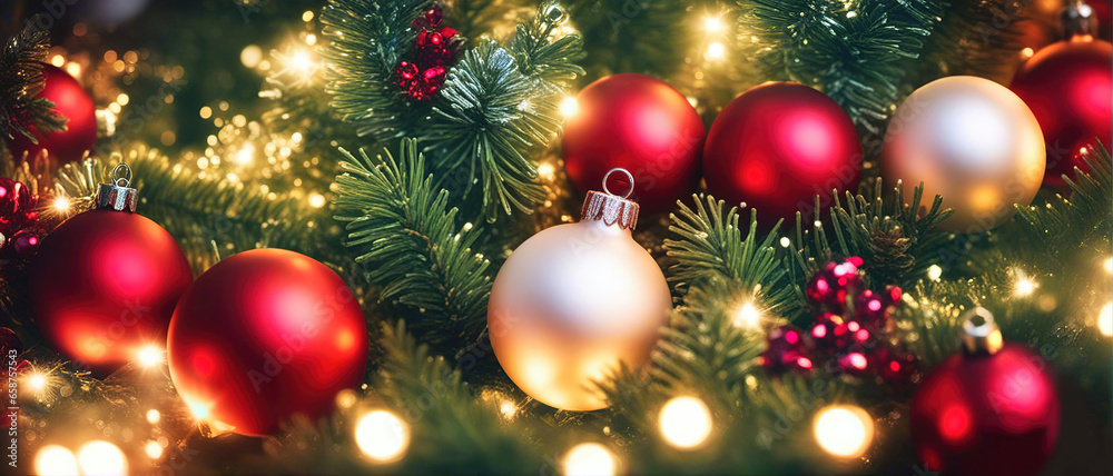 Christmas background with shiny balls and blurred bokeh lights. Christmas background with shiny balls and blurred bokeh lights.
