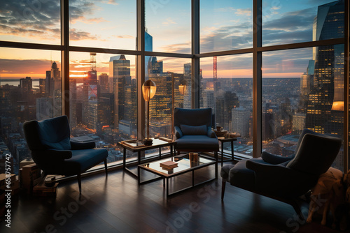 luxurious living room on a high rise building with top to bottom windows with a new york's view at sunset